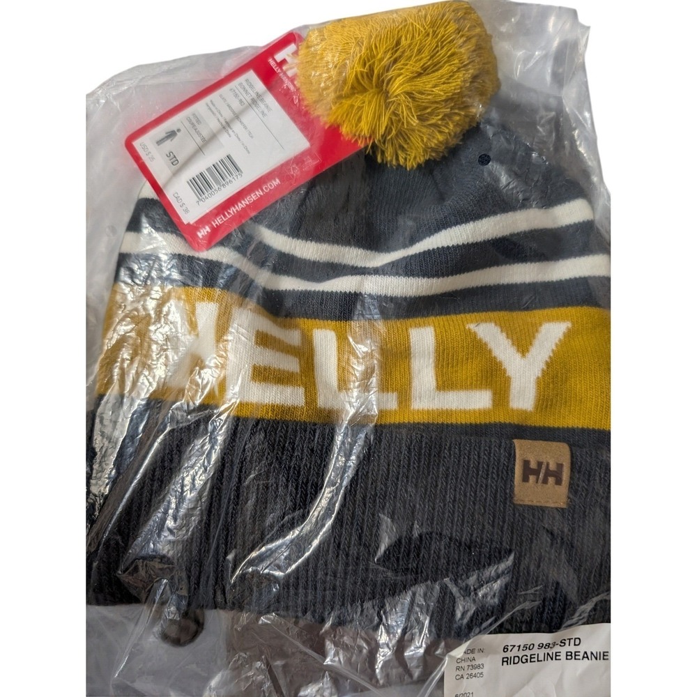 NEW Helly Hansen Ridgeline Beanie Navy Yellow White Pom Pom Hat (MSRP $35)